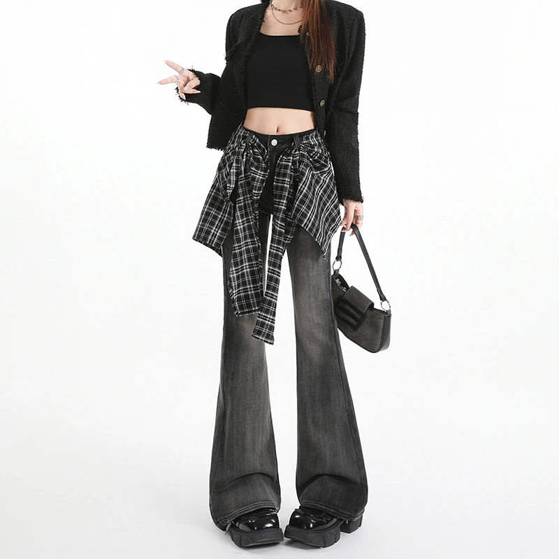 格子屁帘设计灰色微喇牛仔裤女2025秋冬新款复古高腰显瘦马蹄长裤