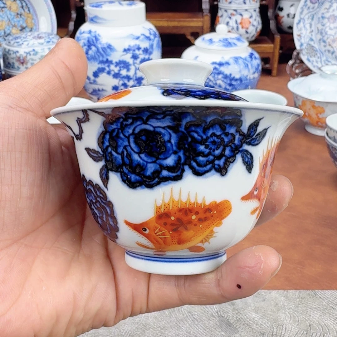摆件陶青花凡红鳜鱼盖碗