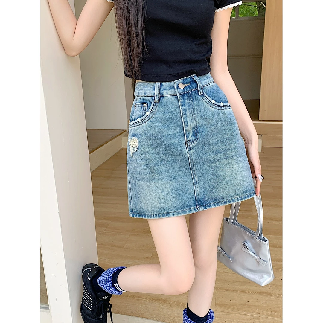 清长2025夏大码女装浅蓝色磨破牛仔半身裙高腰显瘦破洞短裙65536