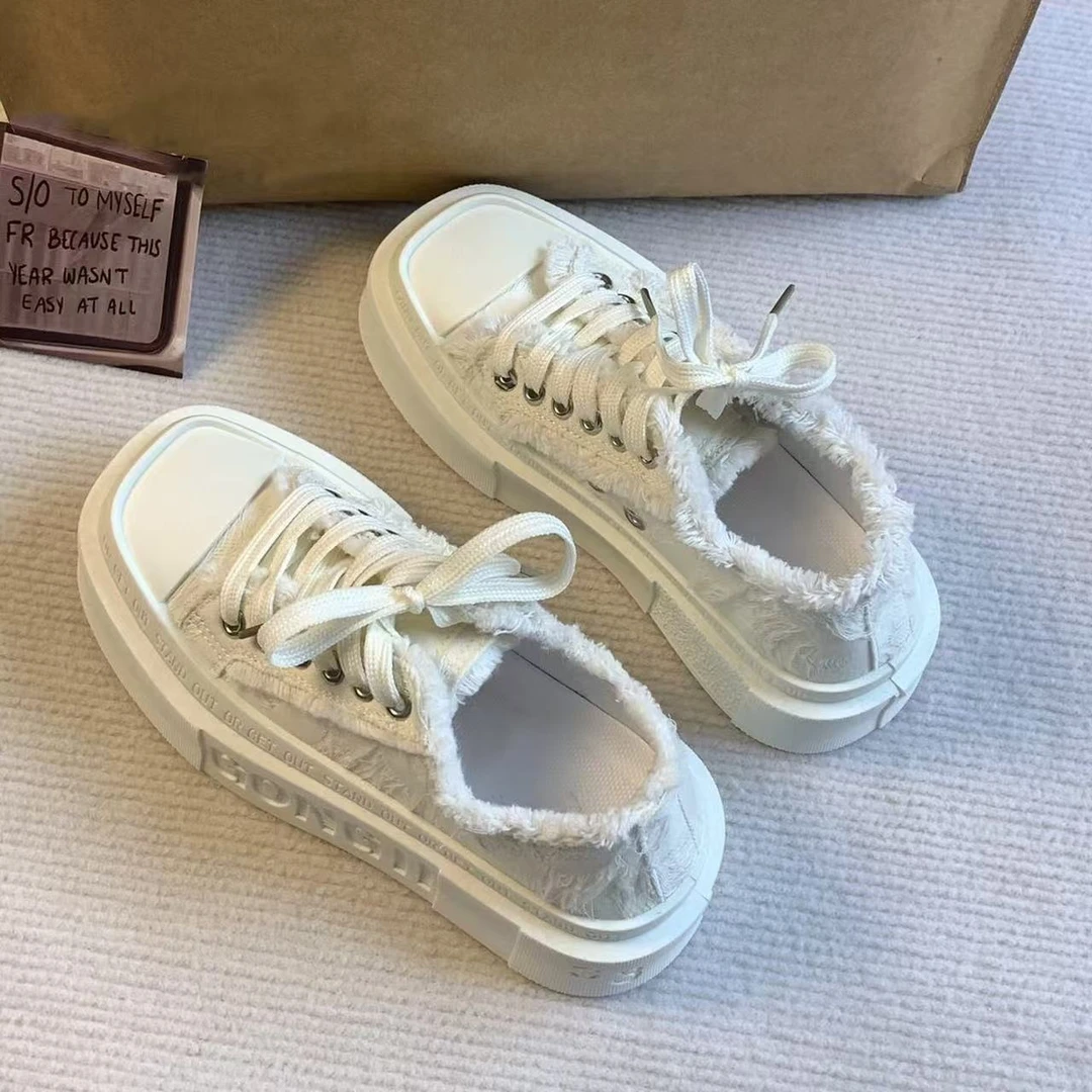 国潮小众2025夏方头帆布鞋复古厚底百搭增高板鞋港风运动休闲鞋潮