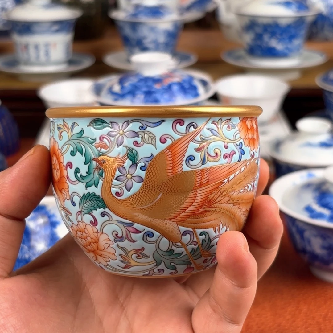 珐琅凤穿缠枝莲缸杯 景德镇纯手工手绘