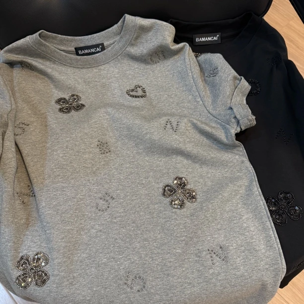 Bamancai-设计感小香风夏季新款时尚百搭圆领宽松显瘦短袖T恤女