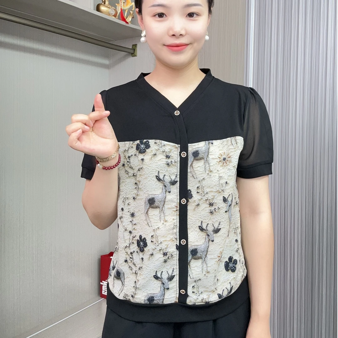 2025新款洋气时尚短袖印花小鹿上衣妈妈装中老年气质经典拼接小衫