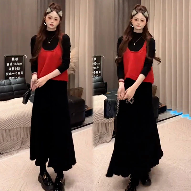 2025秋季新款设计感百搭慵懒风气质吊带打底衫休闲半身裙三件套