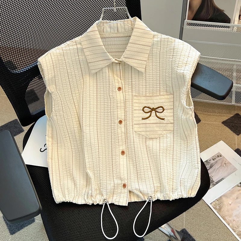 夏季新款时尚洋气短袖条纹衬衫女设计感小众抽绳短款减龄上衣