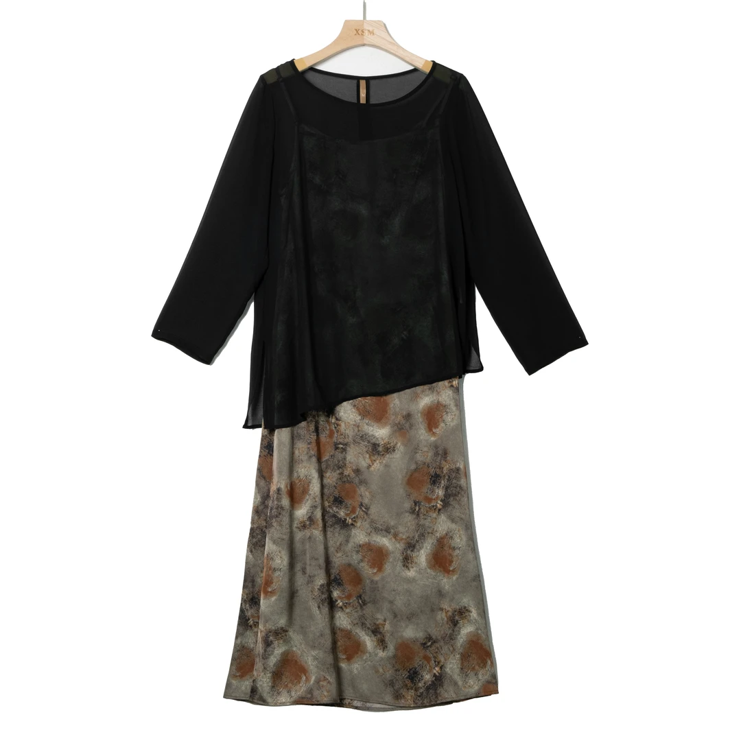 B3系带印花高腰静奢风半身裙新中式中国风百搭长袖二件套Q952/AS