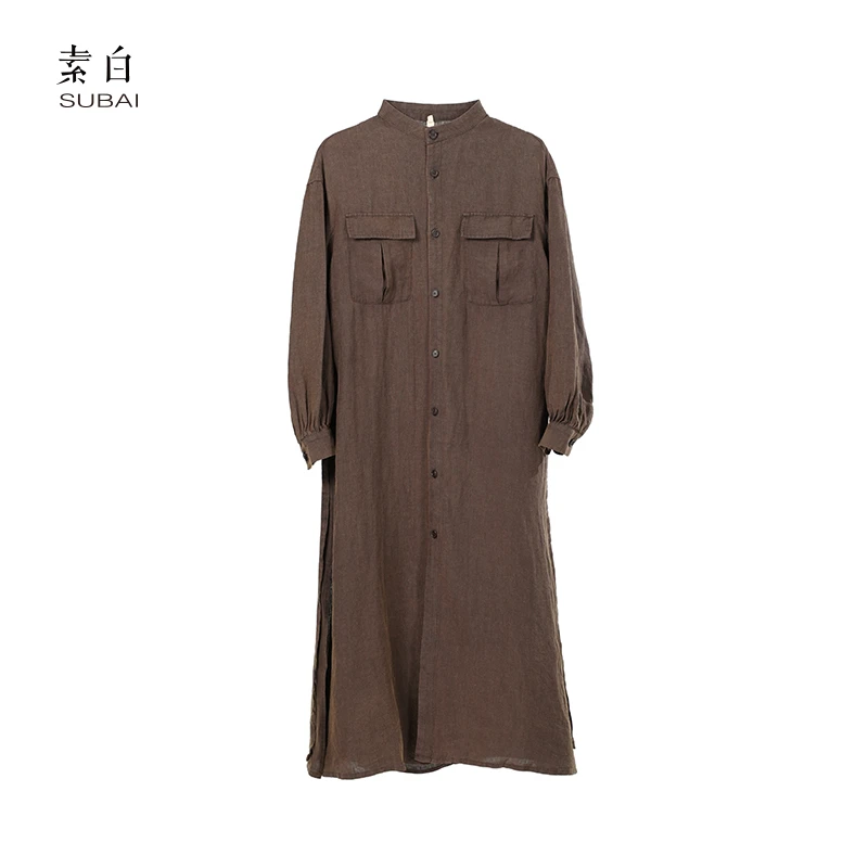 素白马乖【暮色】793379亚麻休闲长款风衣特色款时尚大气