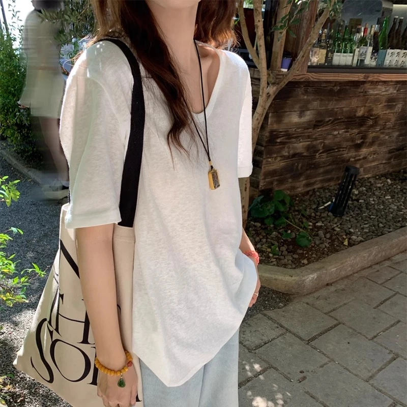 白色竹节棉V领短袖T恤女2025夏新款高级感宽松上衣