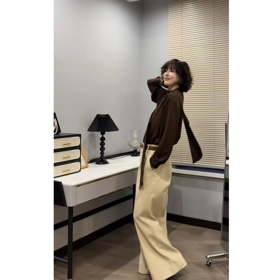 2025早秋新款v领飘带衬衫女装设计感小众中长款上衣