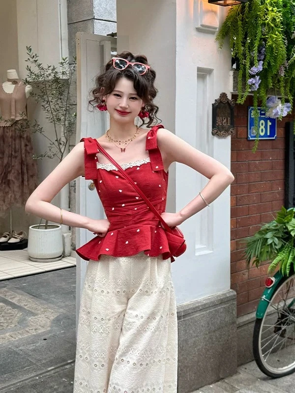 【可爱女人】法式夏季新款爱心波点吊带修身显瘦上衣Y5294