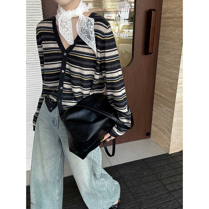 春秋拼色条纹V领长袖针织开衫2025夏新款时尚穿搭细软糯外套上衣