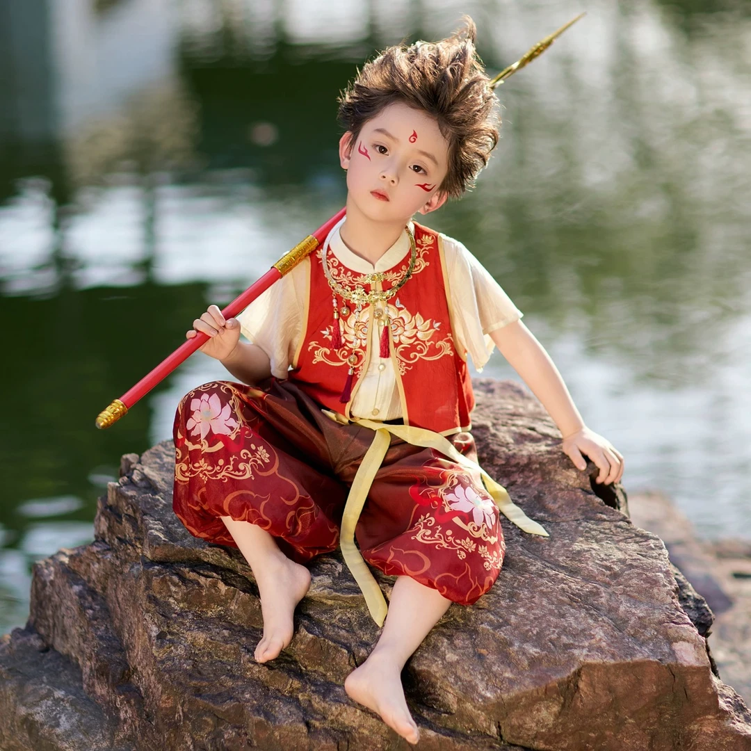 六一儿童汉服哪吒短袖套装服装国风新中式套装国潮夏季哪吒演出服
