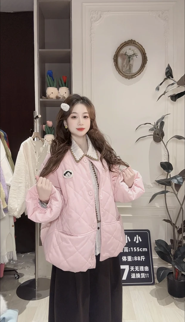 小小推荐【菱形格棉服外套】复古韩系灯芯绒百搭休闲宽松夹棉外套
