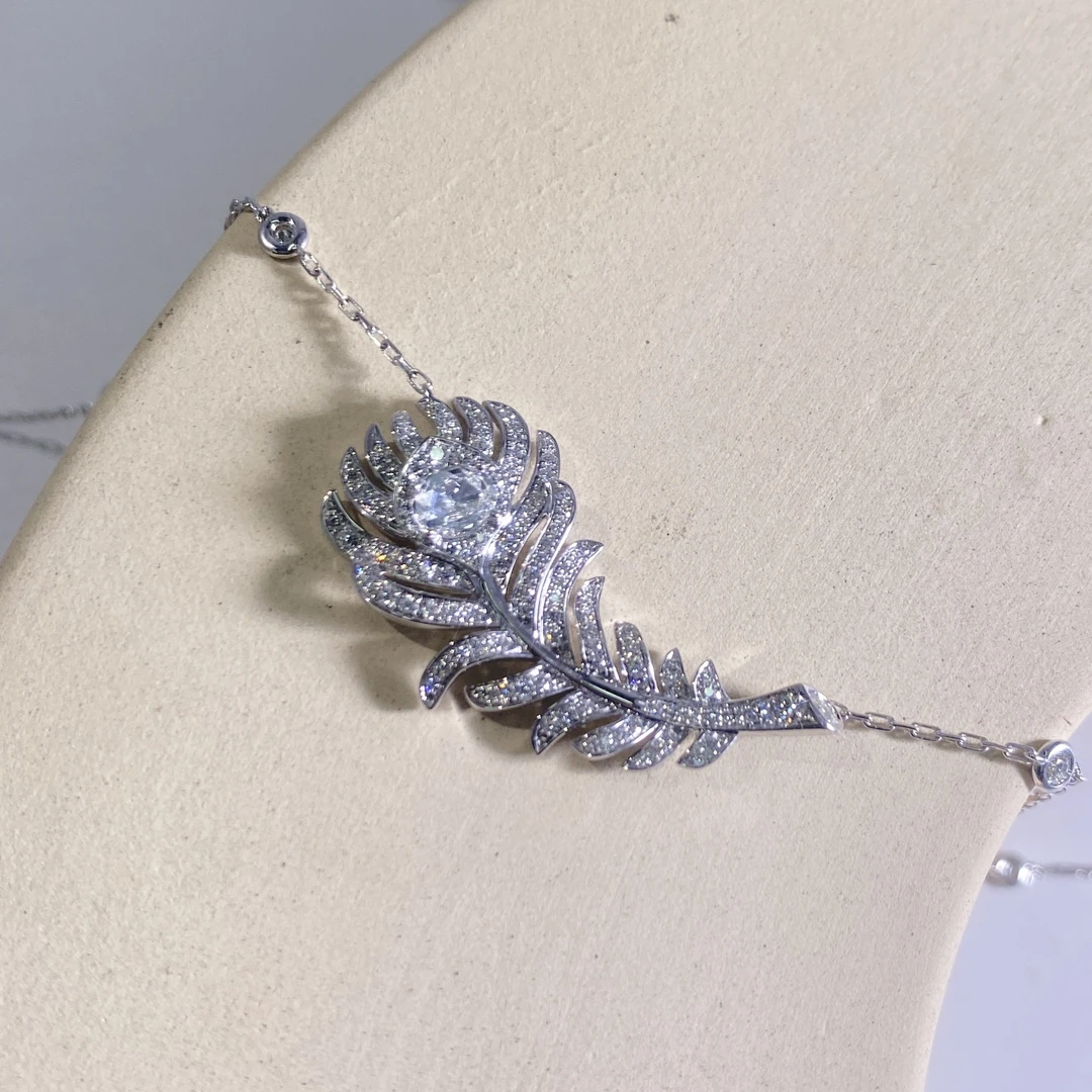99新 Boucheron/宝诗龙 白金满钻横版羽毛项链