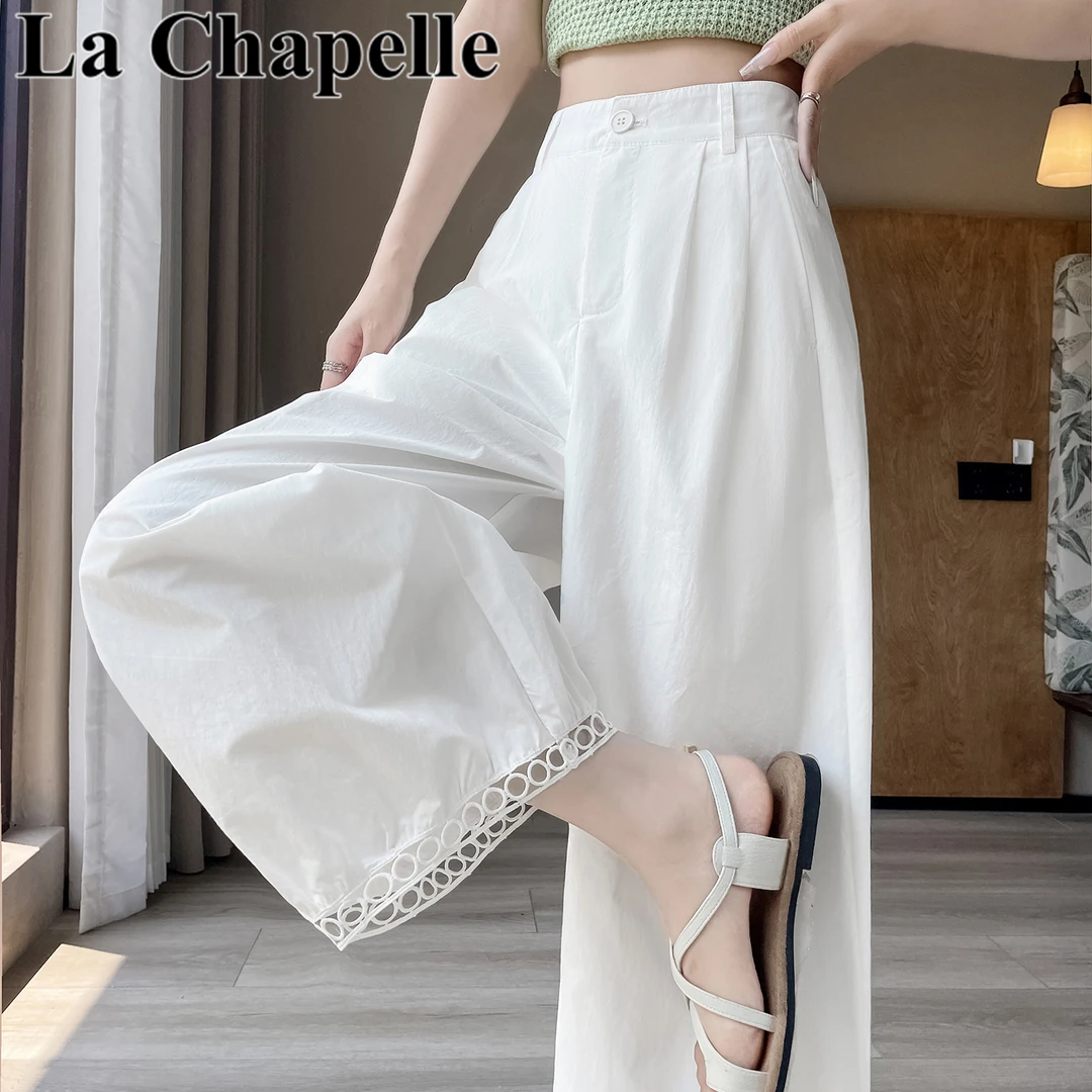 拉夏贝尔蕾丝花边休闲阔腿九分裤女2025夏季宽松薄款小个子休闲裤