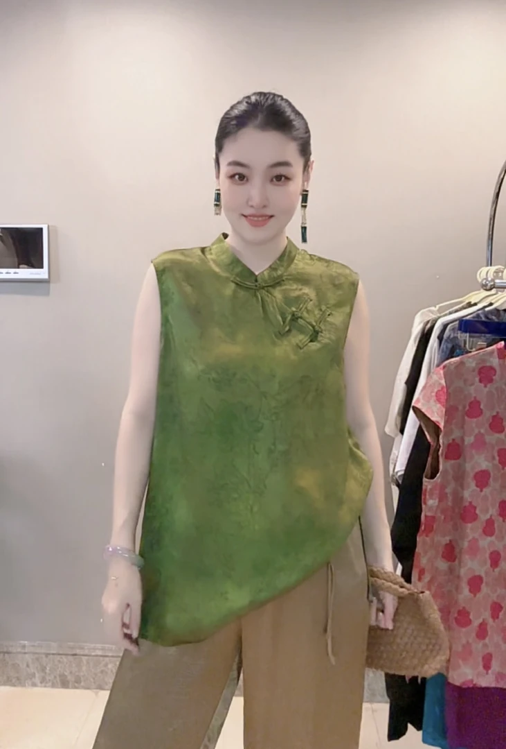 3238｛见山｝新中式高端定制暗纹提花工艺清爽舒适显瘦国风马甲