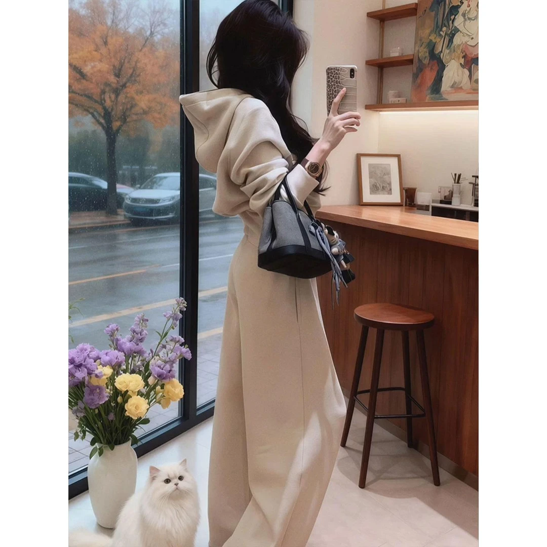 2025女秋冬季新款高级感加绒加厚收腰连帽卫衣阔腿裤运动休闲套装