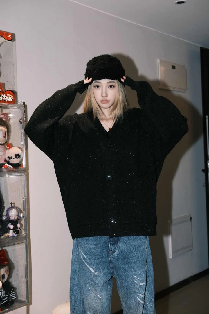 【黑黑专属】春季新款满天星满件亮片毛衣针织衫男宽松连帽上衣