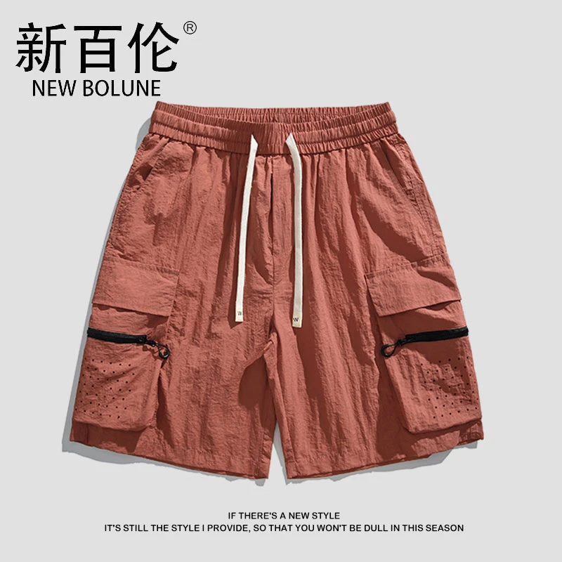 新百伦港风宽松速干工装短裤男士夏季复古百搭直筒五分沙滩裤男潮
