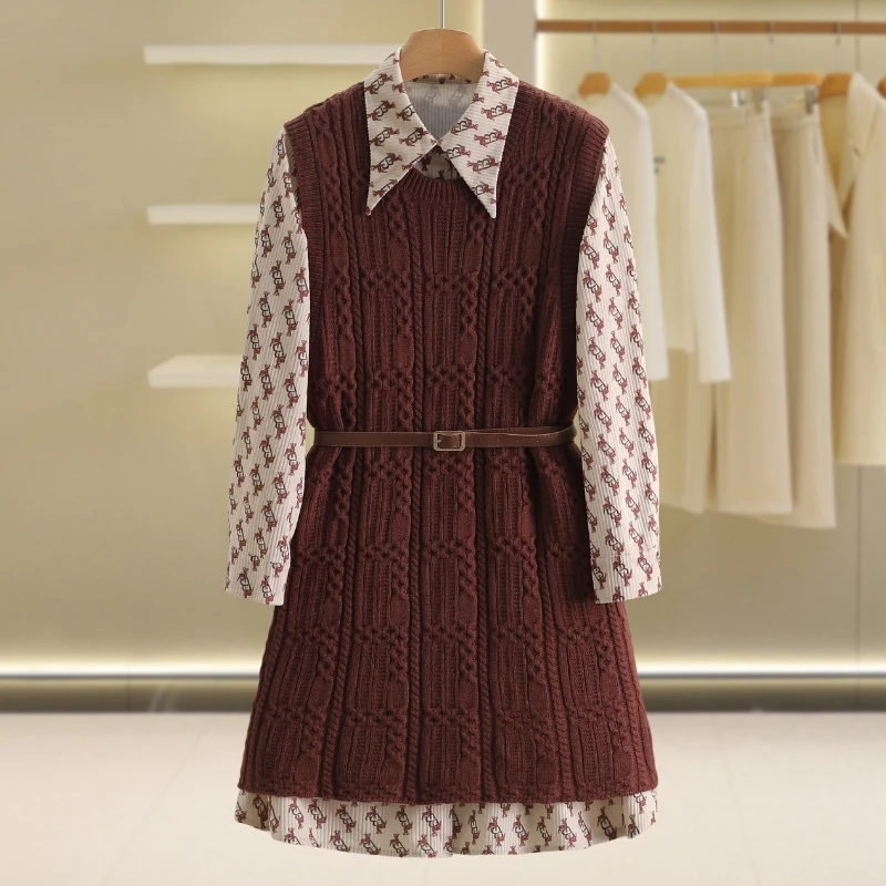 【伍莎-自营】毛衣马甲碎花显瘦两件套连衣裙#QBY48T002