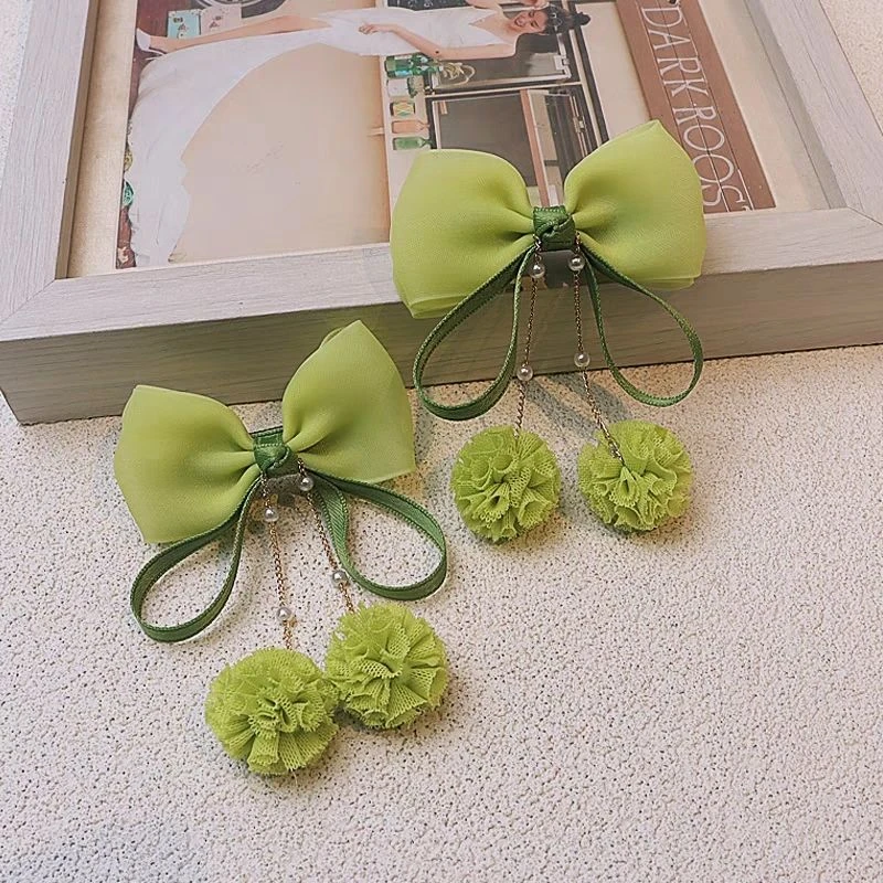 春夏新款蝴蝶结儿童果冻纱珍珠链发夹小女孩毛球发饰公主头饰对夹