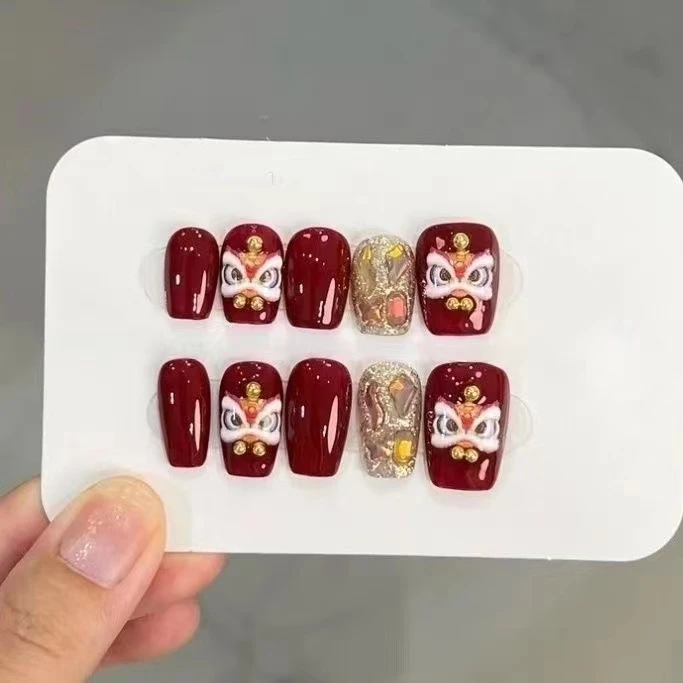 【红色醒狮】纯手工穿戴甲高级轻奢穿戴式美甲长款显白百搭美甲