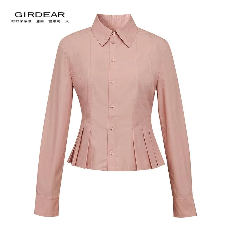 哥弟 洋气打褶收腰纯棉长袖衬衣130111