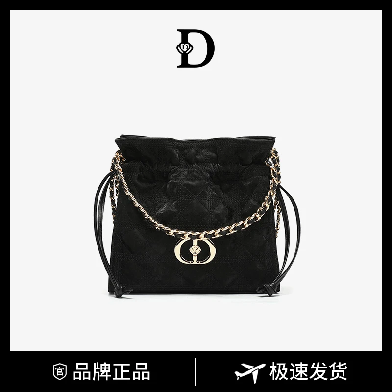 单根简约风耐脏单肩包百搭黑色链条包水桶包抽绳肩包小众褶皱