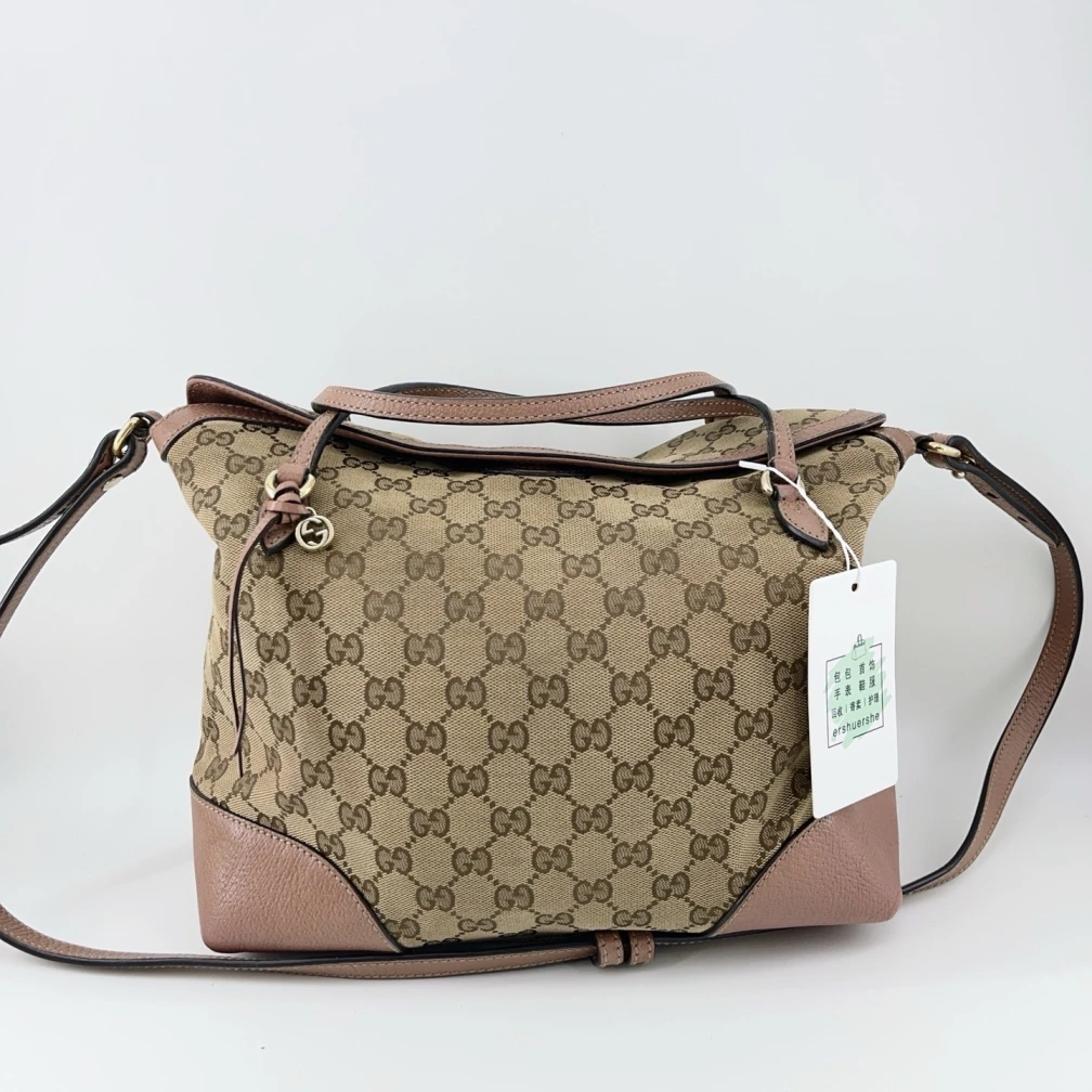 95新 GUCCI/古驰  老花拼粉皮手提单肩包 1674 7824