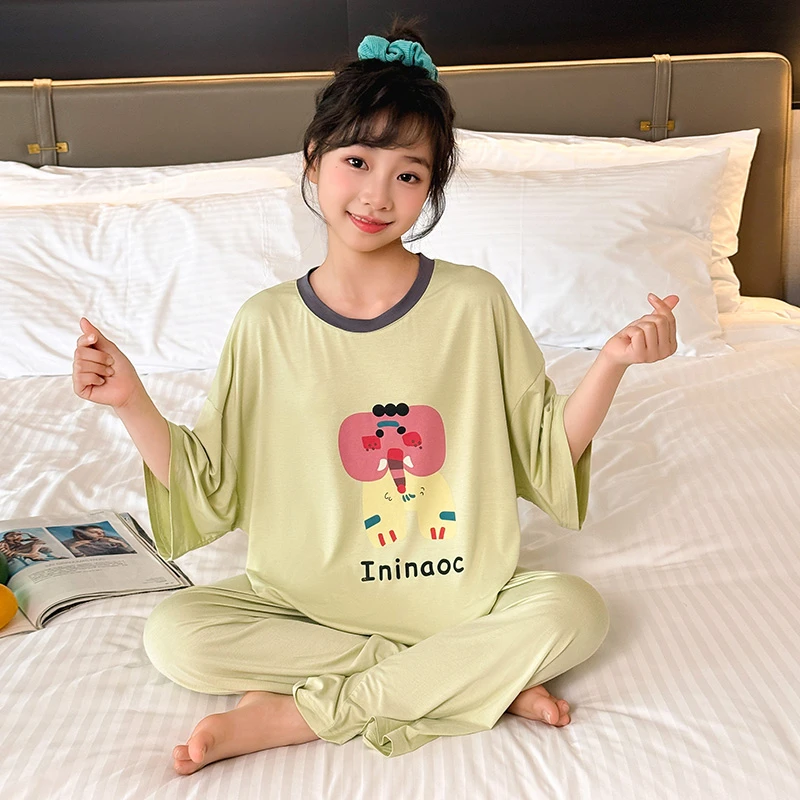 儿童夏季薄款七分袖睡衣女大童八分裤家居服6-12岁女孩空调服套装