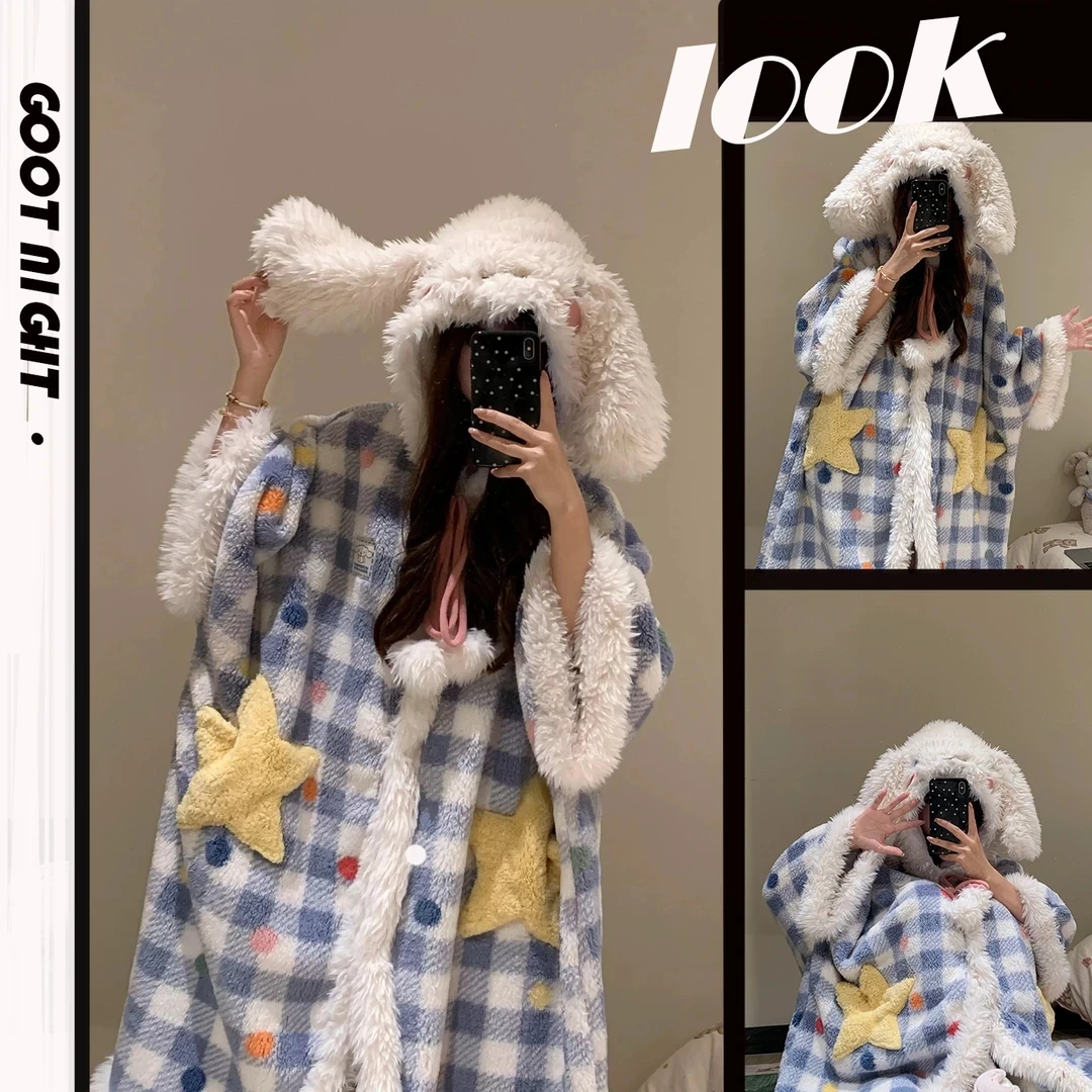 玉桂狗珊瑚绒斗篷披风袍睡衣女冬季加绒加厚法兰绒保暖家居服外穿