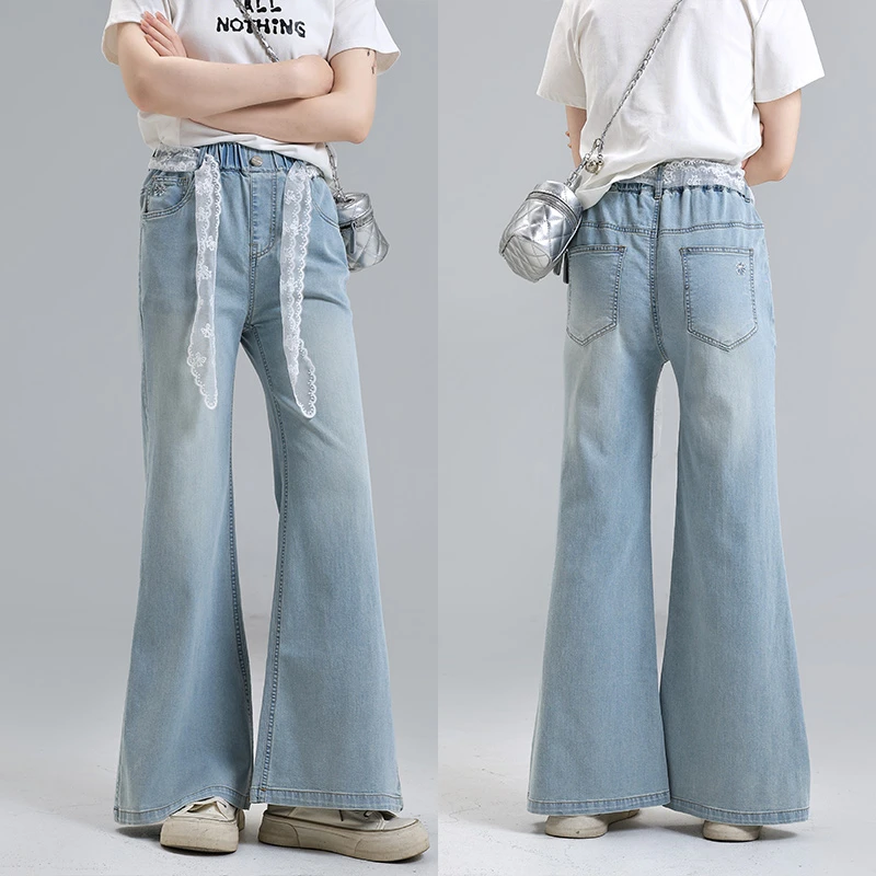 夏款女孩设计感喇叭裤2025新款初中生百搭简约超薄舒适透气牛仔裤