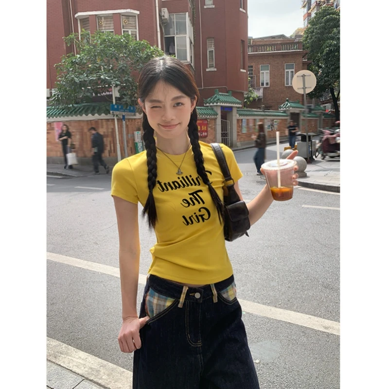 黄色字母印花圆领正肩短袖t恤女夏季修身超好看独特漂亮上衣显瘦