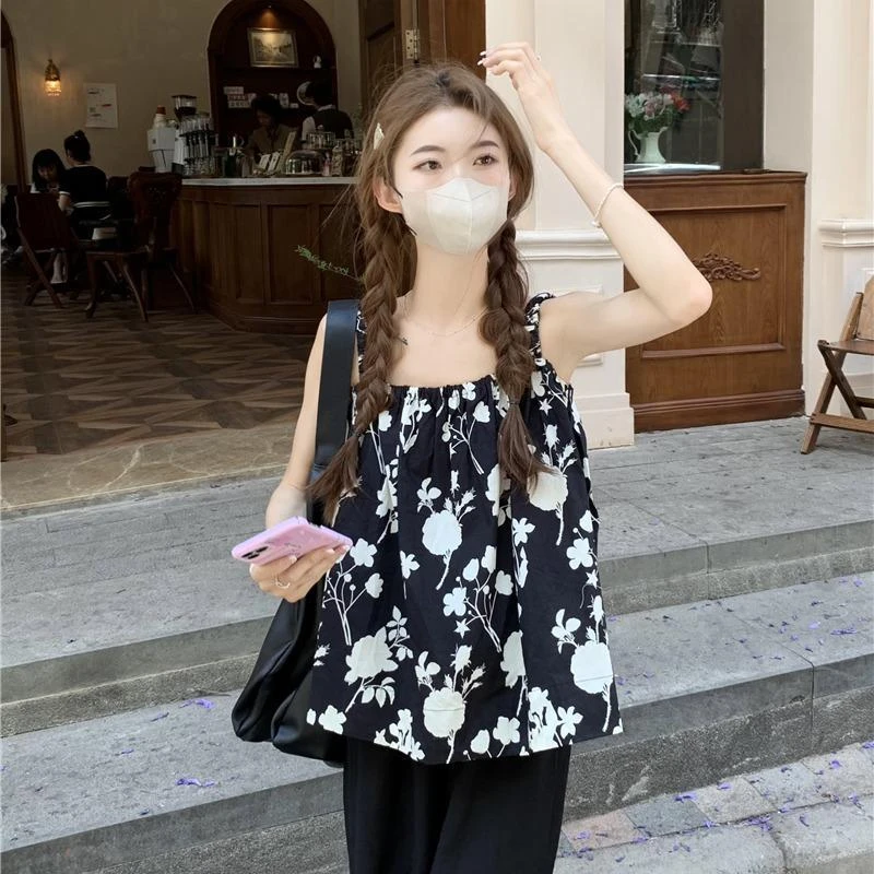 宽松2-300斤特大码胖夏外穿小众设计感法式碎花吊带无袖背心睡衣