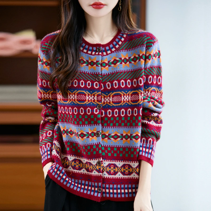 哥弟阿玛施正品民族风圆领长袖拼色针织衫女开衫秋冬款毛衣外套