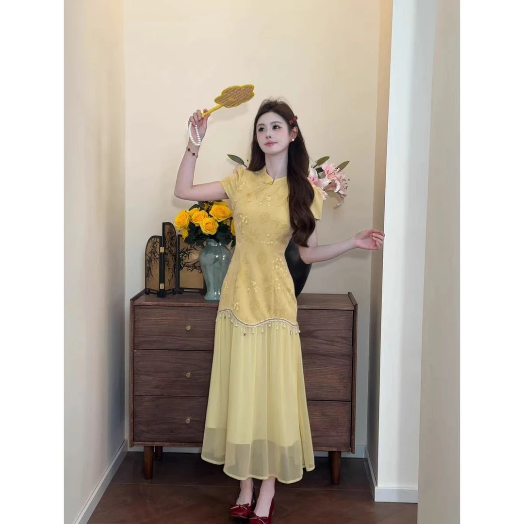 【袅袅江南】改良旗袍拼接重工网纱2025新品假两件连衣裙显瘦夏季