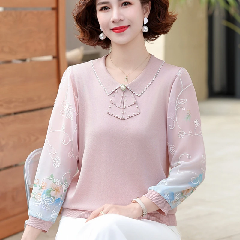 妈妈春装新款针织小衫中老年人女时尚七分袖春秋薄冰丝上衣T恤衫