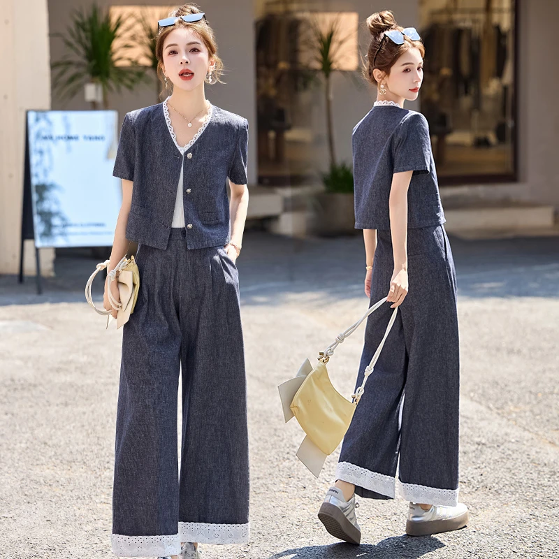 穿搭一整套2025夏季新款时尚套装女蕾丝短袖牛仔外套阔腿裤两件套