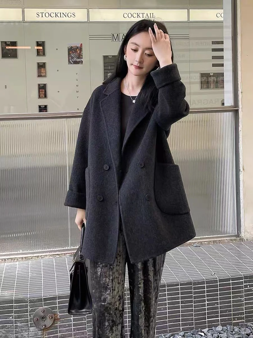 双面羊绒大衣外套2025女秋冬两粒扣西装领韩版羊毛大衣毛呢外套
