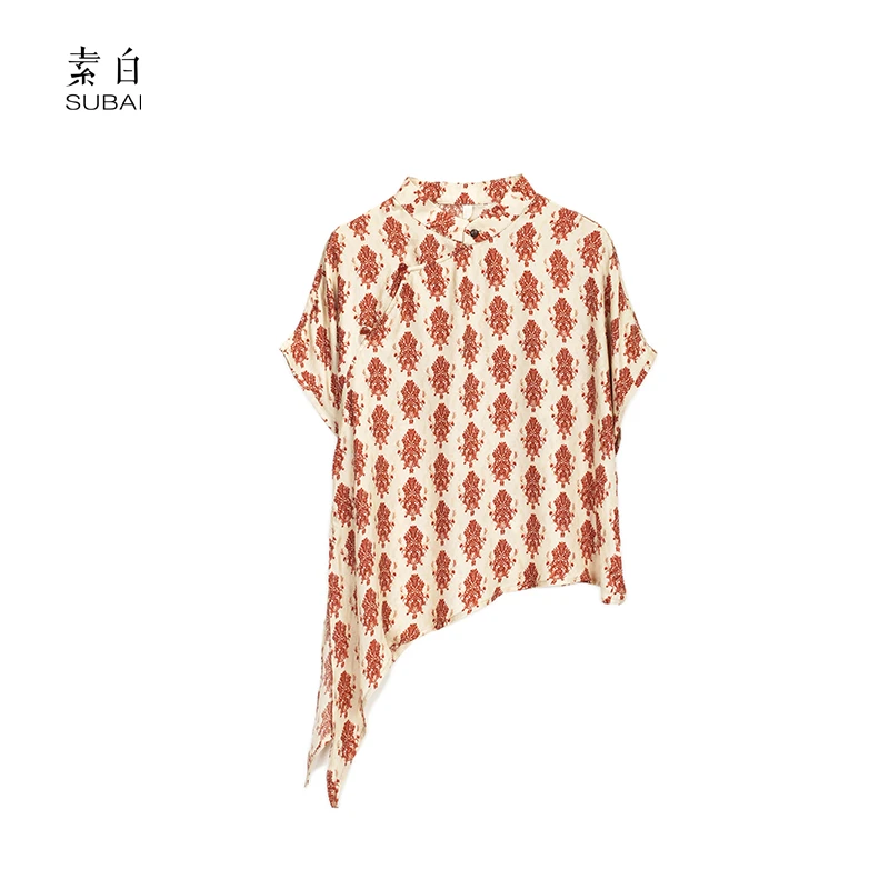 素白轻国风【缠枝漫】M01369铜氨丝上衣复古印花短袖绑带衬衫