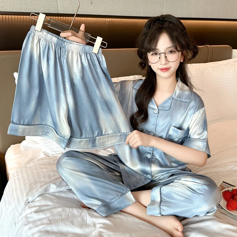 2025夏季女童冰丝睡衣套装家居服薄款夏季短袖长裤可外穿258017