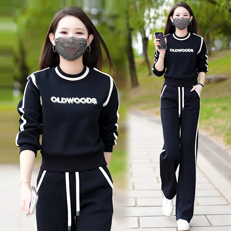 高含棉加绒加厚套装女2025年秋冬新款时尚韩版卫衣阔腿裤两件套潮