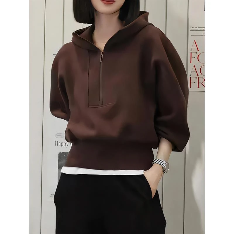 高级感气质时髦连帽半拉链卫衣女秋季新款小众百搭休闲宽松上衣潮