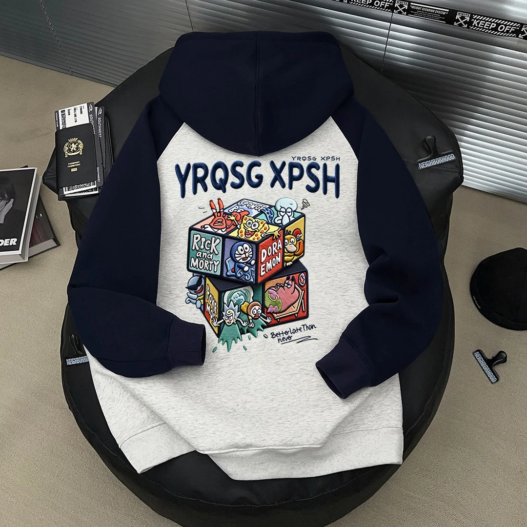 美式潮流卡通动画魔方印花拼接开衫外套男女秋冬季休闲连帽卫衣