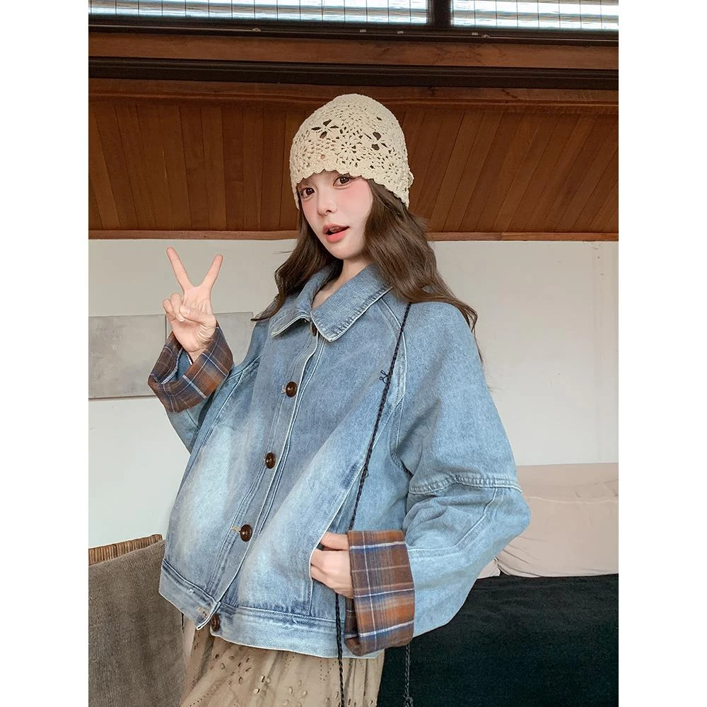 格子拼接翻领牛仔外套女春秋2025新款今年流行超火韩系短款上衣