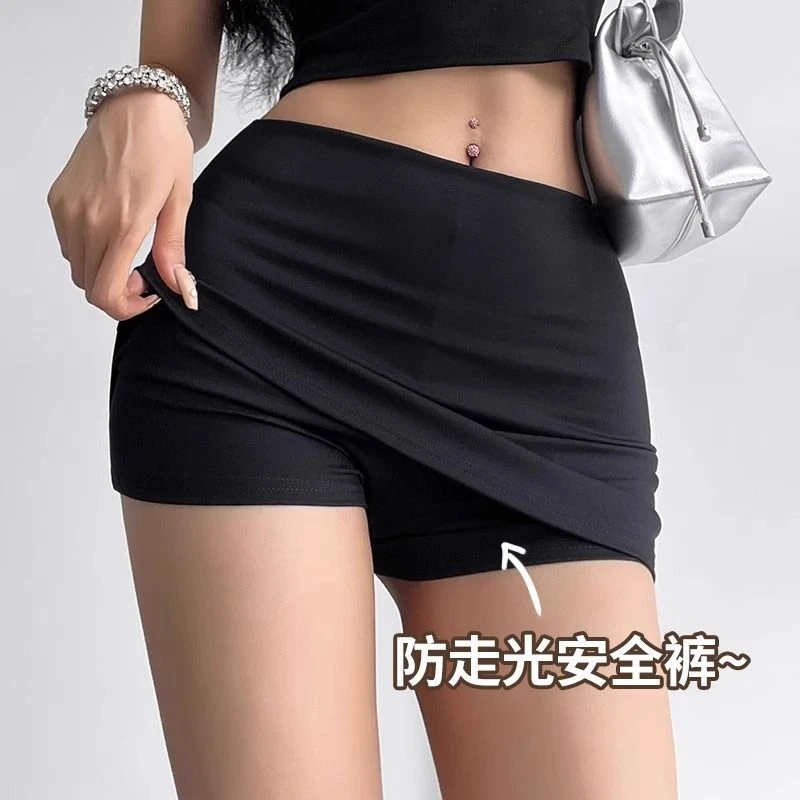 辣妹超短裙女防走光夏季薄款大码包臀裙运动假两件低腰瑜伽半身裙