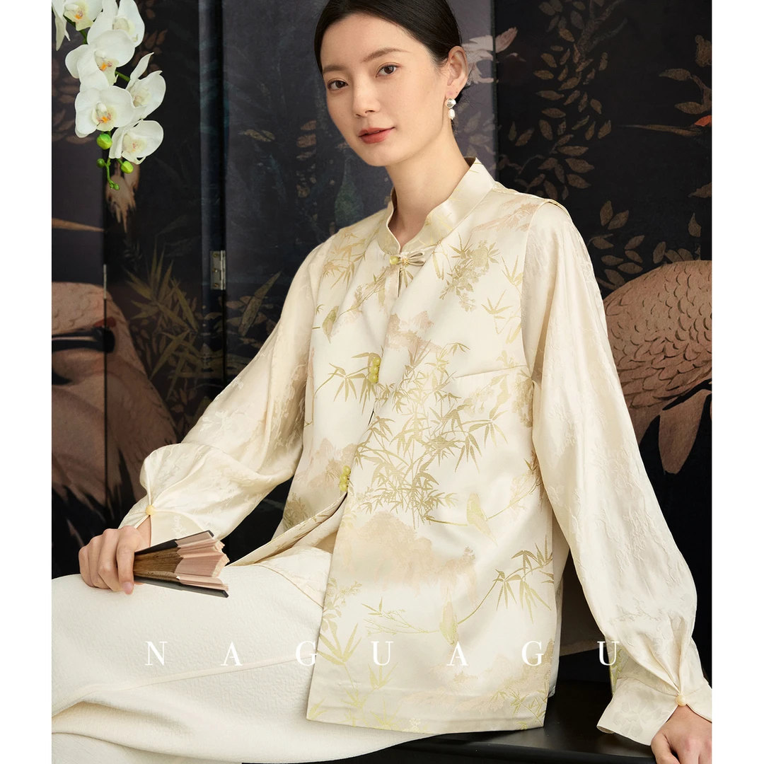 【金竹吟】菁选缎感提花面料 鹊上枝头新中式马甲早春国风上衣女