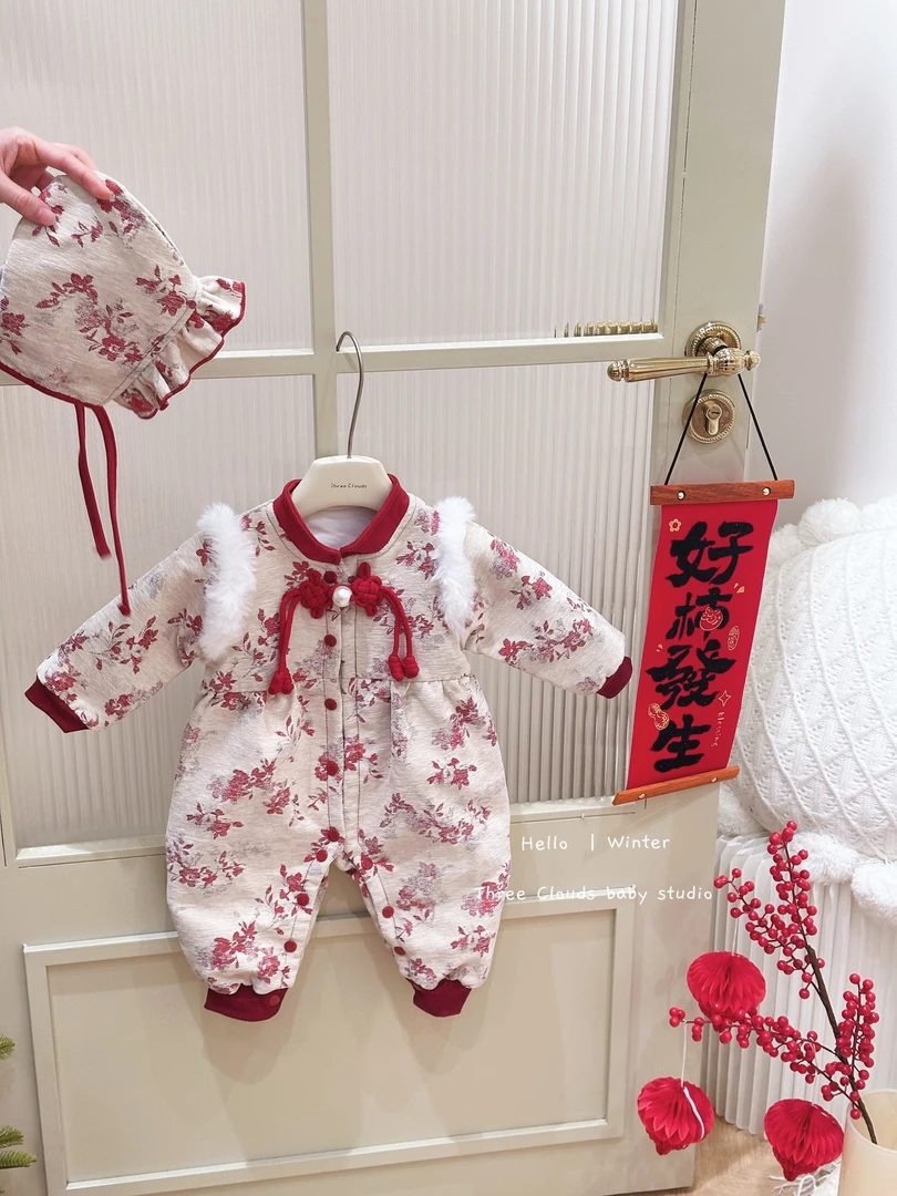 三小朵2438婴幼儿宝宝连体衣秋冬装碎花中式爬服满月周岁加绒连体