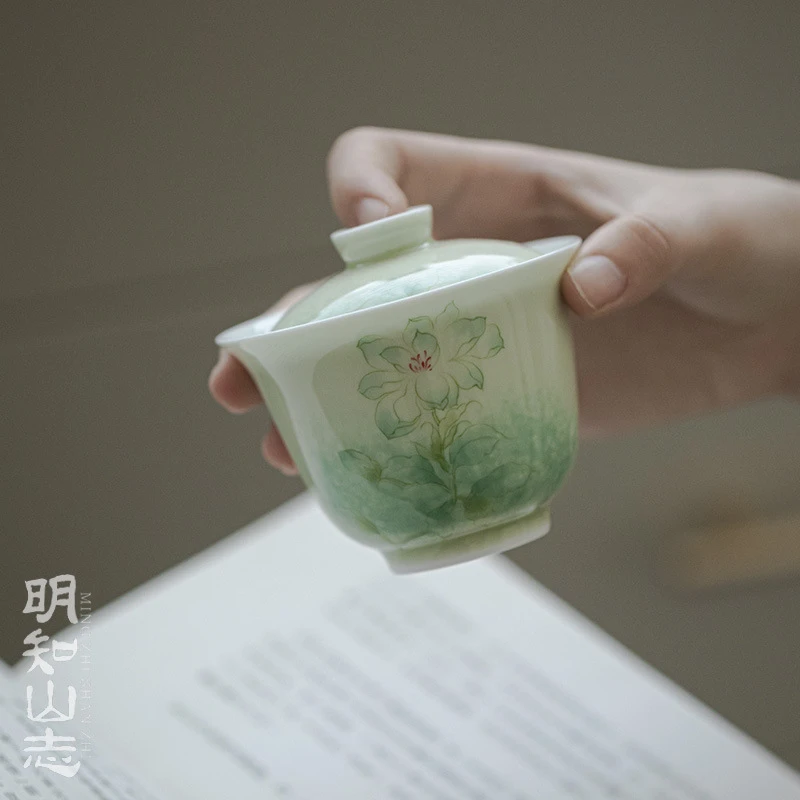 明知山志 艾绿流绪微梦华初盖碗 手绘文人器功夫茶具家用泡茶碗