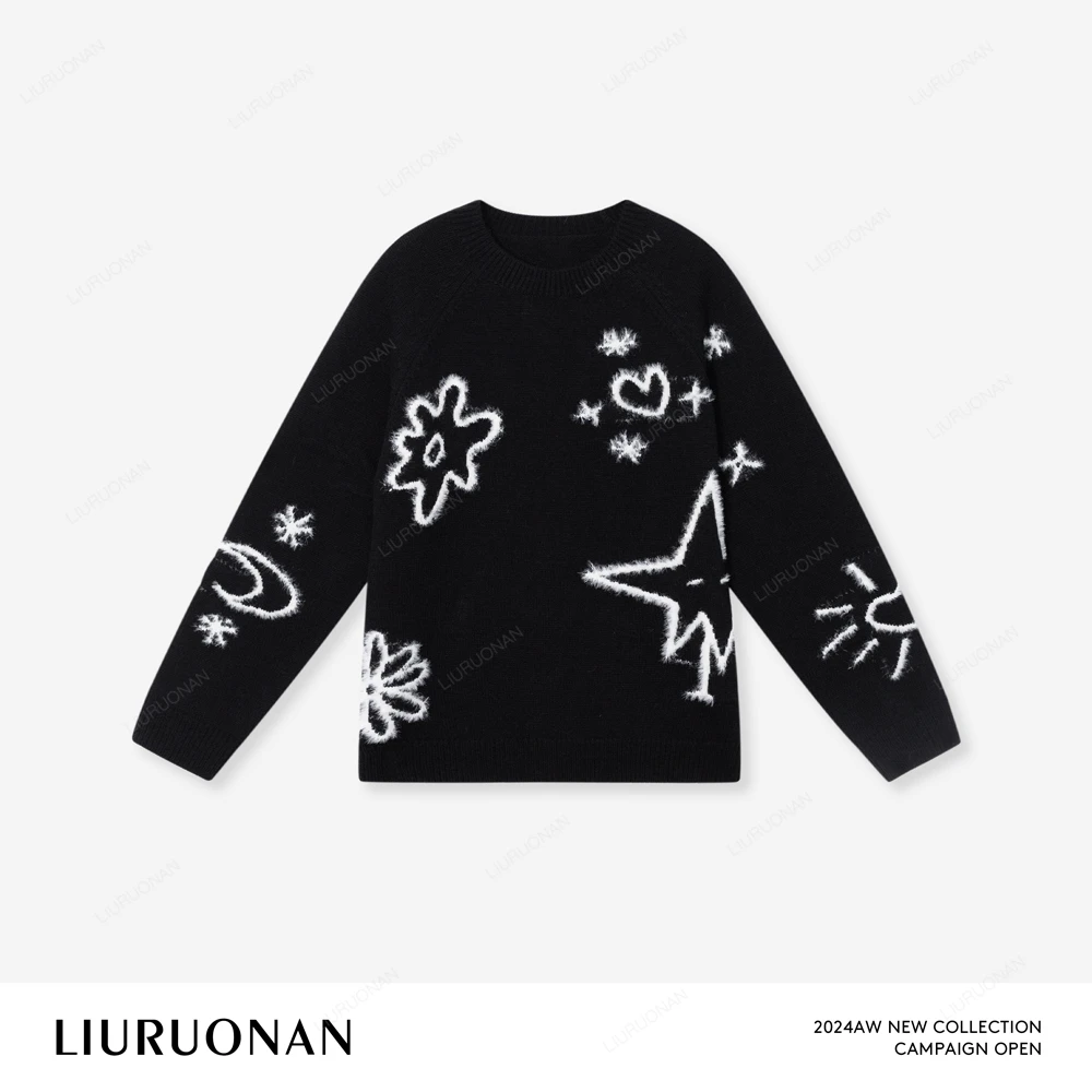LIURUONAN 24AW【来自星星的你】黑色圆领套头毛衣冬季保暖上衣女装